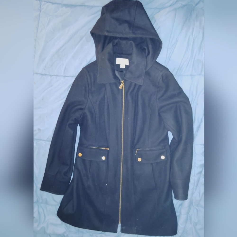 MICHAEL Michael Kors Hooded Black Trench Coat with Gold Details